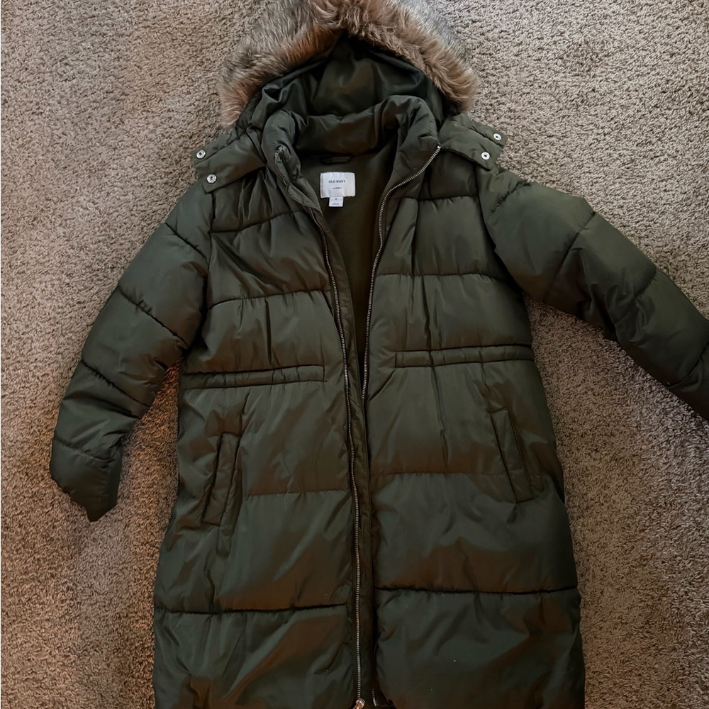 Old Navy Olive Green Puffer Coat with Faux Fur Hood
